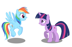 Size: 950x619 | Tagged: safe, artist:queencold, character:rainbow dash, character:twilight sparkle, character:twilight sparkle (unicorn), species:pegasus, species:pony, species:unicorn, duo, female, flying, mare, raised hoof, simple background, transparent background
