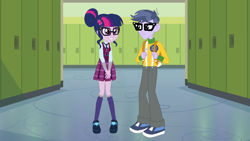 Size: 1000x563 | Tagged: safe, artist:themexicanpunisher, character:microchips, character:twilight sparkle, character:twilight sparkle (scitwi), species:eqg human, ship:microlight, equestria girls:friendship games, g4, my little pony: equestria girls, my little pony:equestria girls, clothing, crystal prep academy uniform, female, glasses, male, school uniform, shipping