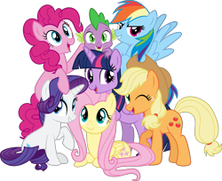 Size: 4985x4067 | Tagged: dead source, safe, artist:xebck, character:applejack, character:fluttershy, character:pinkie pie, character:rainbow dash, character:rarity, character:spike, character:twilight sparkle, character:twilight sparkle (alicorn), species:alicorn, species:dragon, species:earth pony, species:pegasus, species:pony, species:unicorn, absurd resolution, cute, female, looking at you, lying down, male, mane seven, mane six, mane six opening poses, mare, one eye closed, remake, scene interpretation, simple background, sitting, stock vector, transparent background, vector, wink