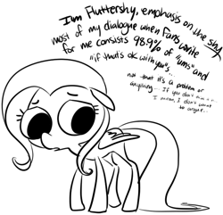 Size: 660x636 | Tagged: safe, artist:php27, character:fluttershy, species:pegasus, species:pony, black and white, dialogue, female, floppy ears, grayscale, looking away, mare, monochrome, solo, standing, stereotype, wings