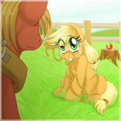 Size: 800x800 | Tagged: safe, artist:inuhoshi-to-darkpen, character:applejack, character:big mcintosh, species:pony, embarrassed, fluffy, grass, hatless, missing accessory, rope, who's a silly pony