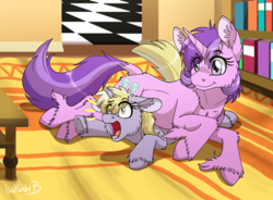 Size: 1024x753 | Tagged: safe, artist:inuhoshi-to-darkpen, character:amethyst star, character:dinky hooves, character:sparkler, species:pony, species:unicorn, fanfic:the new life of a winning pony, winningverse, bookshelf, carpet, cute, dinkabetes, dock, duo, duo female, eye clipping through hair, fanfic art, female, filly, fluffy, foal, house, mare, open mouth, prone, sibling rivalry, sibling teasing, siblings, signature, sisters, smiling, underhoof, unshorn fetlocks, wrestling