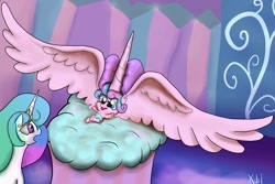 Size: 2994x2000 | Tagged: safe, artist:xbi, character:princess flurry heart, species:pony, episode:the crystalling, g4, my little pony: friendship is magic, baby, baby pony, big wings, cloud, drama, exaggerated anatomy, flurry heart drama, impossibly large horn, impossibly large wings, open mouth, smiling, spread wings, this isn't even my final form, tongue out, wide eyes, wings