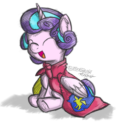 Size: 1000x1045 | Tagged: safe, artist:flutterthrash, character:princess flurry heart, species:alicorn, species:pony, spoiler:s06, baby, baby pony, cape, clothing, cmc cape, cute, eyes closed, female, flurrybetes, open mouth, simple background, smiling, solo, white background