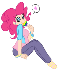 Size: 442x522 | Tagged: safe, artist:elslowmo, artist:jessy, character:pinkie pie, clothing, colored, female, food, heart, humanized, lollipop, missing shoes, socks, solo, striped socks