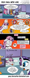 Size: 1010x2612 | Tagged: safe, artist:pony-berserker, character:applejack, character:pinkie pie, character:rarity, character:sweetie belle, species:earth pony, species:pony, species:unicorn, bait and switch, bedroom eyes, carousel boutique, circling stars, coffee, comic, cup, dialogue, dizzy, eavesdropping, exclamation point, eyes closed, fainted, female, filly, gritted teeth, i can't believe it's not idw, messy mane, passed out, raritroll, scarred, scarred for life, shocked, smiling, speech bubble, table, talking, text, tongue out, trolling