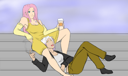 Size: 1280x763 | Tagged: safe, artist:eve-ashgrove, character:fluttershy, character:gilda, species:human, ship:gildashy, alternative cutie mark placement, armpits, barefoot, boobie mark, cigarette, cleavage, cuddling, detached sleeves, feet, female, happy, humanized, lesbian, on back, open mouth, shipping, sitting, smiling, smoking, snuggling, sweater dress