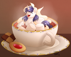 Size: 1280x1027 | Tagged: safe, artist:sugaryviolet, oc, oc only, oc:jade, species:pony, chocolate, cookie, cup, cup of pony, cute, food, happy, hot chocolate, marshmallow, micro, teacup