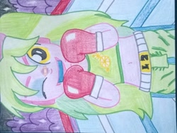 Size: 1889x1419 | Tagged: safe, artist:toyminator900, character:lemon zest, my little pony:equestria girls, bandage, belly button, boxing, boxing gloves, clothing, female, midriff, sideways image, solo, sports bra, traditional art, wink