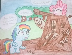 Size: 2088x1592 | Tagged: safe, artist:toyminator900, character:pinkie pie, character:rainbow dash, mud, this will end in pain, this will end in tears, traditional art, weapon