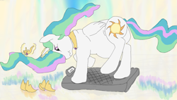 Size: 1649x935 | Tagged: safe, artist:lupin quill, character:princess celestia, chubby, chubbylestia, fat, female, magic, scale, scrunchy face, solo, telekinesis, this will end in tears and/or a journey to the moon