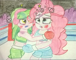 Size: 1897x1489 | Tagged: safe, artist:toyminator900, character:lemon zest, character:pinkie pie, my little pony:equestria girls, boxing, boxing gloves, boxing ring, dizzy, traditional art