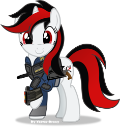 Size: 4053x4290 | Tagged: safe, artist:vector-brony, oc, oc only, oc:blackjack, oc:go fish, species:pony, species:unicorn, fallout equestria, fallout equestria: project horizons, absurd resolution, clothing, cute, cutie mark, fanfic, fanfic art, female, happy, hooves, horn, mare, pipbuck, raised hoof, simple background, smiling, solo, transparent background, vault security armor, vault suit, vector
