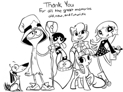 Size: 1024x771 | Tagged: safe, artist:php27, character:twilight sparkle, black and white, blooregard q kazoo, buttercup, cats don't dance, crossover, crossover nexus, foster's home for imaginary friends, grayscale, milky way and the galaxy girls, monochrome, sawyer, the powerpuff girls, two stupid dogs, wander (wander over yonder), wander over yonder