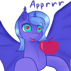 Size: 1000x1000 | Tagged: safe, artist:chapaevv, character:princess luna, species:bat pony, species:pony, apple, apple eyes, female, filly, food, lunabat, race swap, solo, wingding eyes, woona