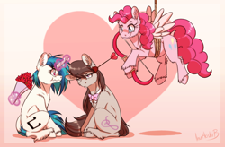 Size: 1024x671 | Tagged: safe, artist:inuhoshi-to-darkpen, character:dj pon-3, character:octavia melody, character:pinkie pie, character:vinyl scratch, species:earth pony, species:pony, species:unicorn, ship:scratchtavia, arrow, bouquet, bow, bow tie, cupid, fake wings, female, flower, lesbian, magic, mare, octavia is not amused, rope, shipping, smiling, telekinesis, unamused, unshorn fetlocks, valentine's day, wavy mouth