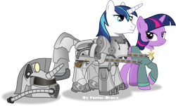 Size: 3502x2115 | Tagged: safe, artist:vector-brony, character:shining armor, character:twilight sparkle, species:pony, species:unicorn, fallout equestria, armor, crossover, fallout, fanfic, fanfic art, female, hooves, horn, male, mare, ministry mares, power armor, powered exoskeleton, simple background, smiling, solo, stallion, transparent background, vector