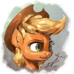 Size: 768x768 | Tagged: safe, artist:assasinmonkey, character:applejack, species:earth pony, species:pony, bust, clothing, cowboy hat, female, hat, mare, simple background, solo, stetson, three quarter view