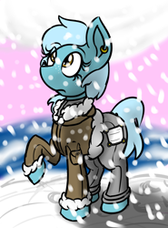 Size: 1074x1455 | Tagged: safe, artist:coatieyay, oc, oc only, oc:winter gear, clothing, coat, earring, freckles, pants, parka, piercing, snow, snowfall, solo
