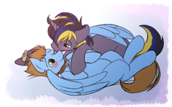 Size: 2950x1840 | Tagged: safe, artist:sugaryviolet, oc, oc only, oc:gliding, oc:truenugget, species:pegasus, species:pony, blushing, clothing, collar, cuddling, cute, gay, hat, heartwarming, hug, kissing, love, male, oc x oc, pet, relationship, shipping, snuggling, submission, valentine, valentine's day
