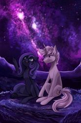 Size: 943x1420 | Tagged: safe, artist:cyanocitta, artist:jitterbugjive, oc, oc only, oc:mythos gray, oc:star dream, species:pegasus, species:pony, species:unicorn, commission, date, eyes on the prize, female, green eyes, greystar, holding hooves, listening, looking sideways, looking up, male, mare, night, oc x oc, purple eyes, romantic, scenery, scenery porn, shipping, side by side, smiling, stallion, stargazing, starry night, stars, straight, tragic in hindsight