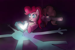 Size: 2851x1894 | Tagged: safe, artist:xbi, character:pinkie pie, species:pony, action pose, crystal heart, eyes on the prize, female, glow, harness, mission impossible, prone, smiling, solo, suspended, tabun art-battle finished after, the floor is lava