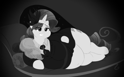 Size: 1280x795 | Tagged: safe, artist:mellowhen, artist:sirmasterdufel, character:rarity, episode:rarity investigates, g4, my little pony: friendship is magic, belly, belly button, black and white, chubbity, chubby, clothing, draw me like one of your french girls, fat, female, grayscale, obese, raritubby, solo