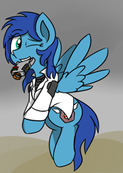 Size: 1716x2416 | Tagged: safe, artist:coatieyay, oc, oc only, oc:lavender skies, species:pegasus, species:pony, fallout equestria, bulletproof vest, clothing, commission, gun, lab coat, mouth hold, solo, weapon, wink