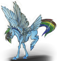 Size: 924x989 | Tagged: safe, artist:sunny way, rcf community, character:rainbow dash, alternate timeline, amputee, apocalypse dash, augmented, bucking, crystal war timeline, emaciated, female, prosthetic limb, prosthetic wing, prosthetics, solo, starving, tail feathers, unshorn fetlocks