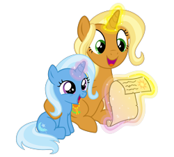 Size: 4000x3600 | Tagged: safe, artist:cheezedoodle96, idw, character:sunflower spectacle, character:trixie, species:pony, species:unicorn, g4, spoiler:comic, spoiler:comic40, cute, diatrixes, female, filly, filly trixie, horn, idw showified, letter, levitation, like mother like daughter, magic, magic aura, mare, mother and daughter, scroll, simple background, telekinesis, transparent background, vector, young, younger