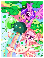 Size: 1200x1575 | Tagged: safe, artist:ipun, oc, oc only, oc:cuddle bug, oc:moonlight blossom, species:pegasus, species:pony, balloon, blushing, clothing, clover, cupcake, female, food, gold, hat, heart, heart eyes, mare, pot of gold, rainbow, saint patrick's day, wingding eyes