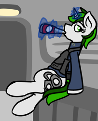 Size: 860x1058 | Tagged: safe, artist:coatieyay, oc, oc only, oc:baron, fallout equestria, food, magic, pipbuck, security officer, sitting, soda, solo