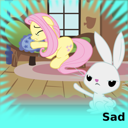 Size: 1024x1024 | Tagged: safe, artist:cheezedoodle96, derpibooru original, character:angel bunny, character:fluttershy, species:pony, derpibooru, episode:ponyville confidential, g4, my little pony: friendship is magic, angry, couch, crying, female, fluttershy's cottage, lamp, mare, meta, pillow, sad, spoilered image joke