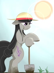 Size: 1000x1350 | Tagged: dead source, safe, artist:kryptchild, character:octavia melody, species:earth pony, species:pony, bipedal, bipedal leaning, clothing, dirty, female, garden, hat, hoof hold, leaning, lens flare, mare, shovel, solo, sun, sweat