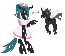 Size: 894x768 | Tagged: safe, artist:jessy, character:queen chrysalis, species:changeling, clothing, dress, ponytail