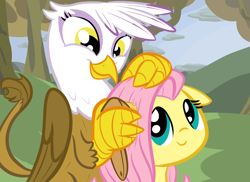 Size: 2338x1700 | Tagged: safe, artist:tess, character:fluttershy, character:gilda, species:griffon, species:pegasus, species:pony, ship:gildashy, brushie, cute, female, floppy ears, gildadorable, good end, lesbian, mare, shipping, shyabetes, smiling