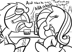 Size: 2338x1700 | Tagged: safe, artist:tess, character:fluttershy, character:spitfire, species:pegasus, species:pony, alcohol, bar, drink, drunk, drunkershy, duo, female, goggles, laughing, mare, monochrome, sitting, wonderbolts uniform
