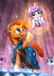 Size: 1020x1440 | Tagged: safe, artist:assasinmonkey, character:princess cadance, character:princess flurry heart, character:shining armor, character:sunburst, species:alicorn, species:pony, species:unicorn, episode:the crystalling, g4, my little pony: friendship is magic, :t, clothing, crystalling, female, filly, glasses, levitation, magic, male, mare, open mouth, painting, smiling, stallion, telekinesis, wizard