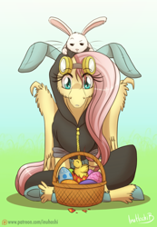 Size: 800x1159 | Tagged: safe, artist:inuhoshi-to-darkpen, character:angel bunny, character:fluttershy, species:pegasus, species:pony, basket, bunny ears, chick, clothing, costume, dangerous mission outfit, easter, easter egg, female, goggles, hoodie, mare, patreon, patreon logo, unshorn fetlocks