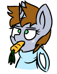 Size: 665x867 | Tagged: safe, artist:coatieyay, oc, oc only, oc:littlepip, species:pony, species:unicorn, fallout equestria, bunny pajamas, bust, carrot, cute, easter, easter bunny, fanfic, fanfic art, female, food, freckles, horn, mare, mouth hold, nom, simple background, solo, unamused, white background