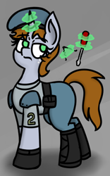 Size: 544x873 | Tagged: safe, artist:coatieyay, oc, oc only, oc:littlepip, species:pony, species:unicorn, fallout equestria, abstract background, beret, bobby pin, fanfic, fanfic art, female, glowing horn, hooves, horn, jill valentine, levitation, magic, mare, resident evil, screwdriver, solo, telekinesis