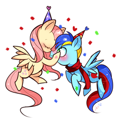 Size: 1200x1200 | Tagged: safe, artist:ipun, character:fluttershy, oc, species:pegasus, species:pony, blushing, canon x oc, clothing, eyes closed, female, floating, flying, hat, heart, male, mare, nuzzling, party hat, scarf, shipping, simple background, stallion, straight, white background