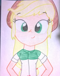 Size: 1427x1791 | Tagged: safe, artist:toyminator900, derpibooru original, character:applejack, my little pony:equestria girls, clothing, female, looking at you, photo, solo, traditional art