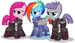 Size: 5245x3039 | Tagged: safe, artist:vector-brony, character:maud pie, character:pinkamena diane pie, character:pinkie pie, character:rainbow dash, species:earth pony, species:pegasus, species:pony, episode:the cutie re-mark, absurd resolution, alternate timeline, amputee, apinkalypse pie, apocalypse dash, apocalypse maud, augmented, clothing, crystal war timeline, eye scar, female, mare, military, prosthetic limb, prosthetic wing, prosthetics, scar, simple background, torn ear, transparent background, trio, vector