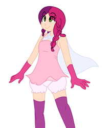 Size: 556x648 | Tagged: safe, artist:elslowmo, artist:jessy, oc, oc only, oc:marker pony, bloomers, cape, clothing, colored, gloves, humanized, socks, thigh highs, underwear, zettai ryouiki
