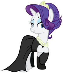 Size: 2080x2400 | Tagged: safe, artist:cheezedoodle96, character:rarity, species:pony, episode:the gift of the maud pie, g4, my little pony: friendship is magic, .svg available, alternate hairstyle, audrey hepburn, bedroom eyes, black dress, breakfast at tiffany's, clothing, dress, evening gloves, female, gloves, gown, holly golightly, little black dress, mare, necklace, pearl necklace, simple background, smiling, solo, svg, tiara, transparent background, vector
