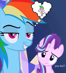 Size: 1000x1102 | Tagged: safe, artist:masem, edit, edited screencap, screencap, character:rainbow dash, character:spike, character:starlight glimmer, ship:rainbowspike, ship:sparlight, episode:the crystalling, g4, my little pony: friendship is magic, bedroom eyes, female, grin, heart, hundreds of users filter this tag, jealous, love, love triangle, male, muscles, raised eyebrow, shipping, smiling, spike gets all the mares, straight, thought bubble