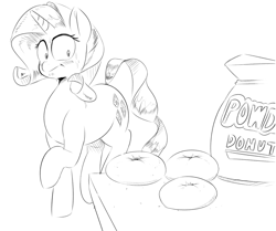 Size: 1915x1603 | Tagged: safe, artist:sirmasterdufel, character:rarity, species:pony, species:unicorn, bread, donut, female, food, implied ponut, innuendo, mare, monochrome, rarity looking at food, solo, sweat