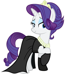 Size: 2080x2400 | Tagged: safe, artist:cheezedoodle96, derpibooru original, character:rarity, species:pony, episode:the gift of the maud pie, g4, my little pony: friendship is magic, .svg available, alternate hairstyle, audrey hepburn, bedroom eyes, black dress, breakfast at tiffany's, clothing, dress, elegant, evening gloves, female, gloves, gown, holly golightly, jewels, little black dress, mare, necklace, pearl necklace, simple background, smiling, solo, svg, tiara, transparent background, vector