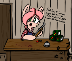 Size: 1228x1043 | Tagged: safe, artist:coatieyay, oc, oc only, fallout equestria, bandaid, bell, blood, blood stains, bullet hole, caps, clothing, counter, dialogue, freckles, gun, rifle, shopkeeper, solo, vendor, weapon